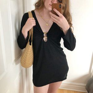 Vintage Parisian Coverup Mini Dress Plunging V-Neck Boho Nautical Coastal Sheer